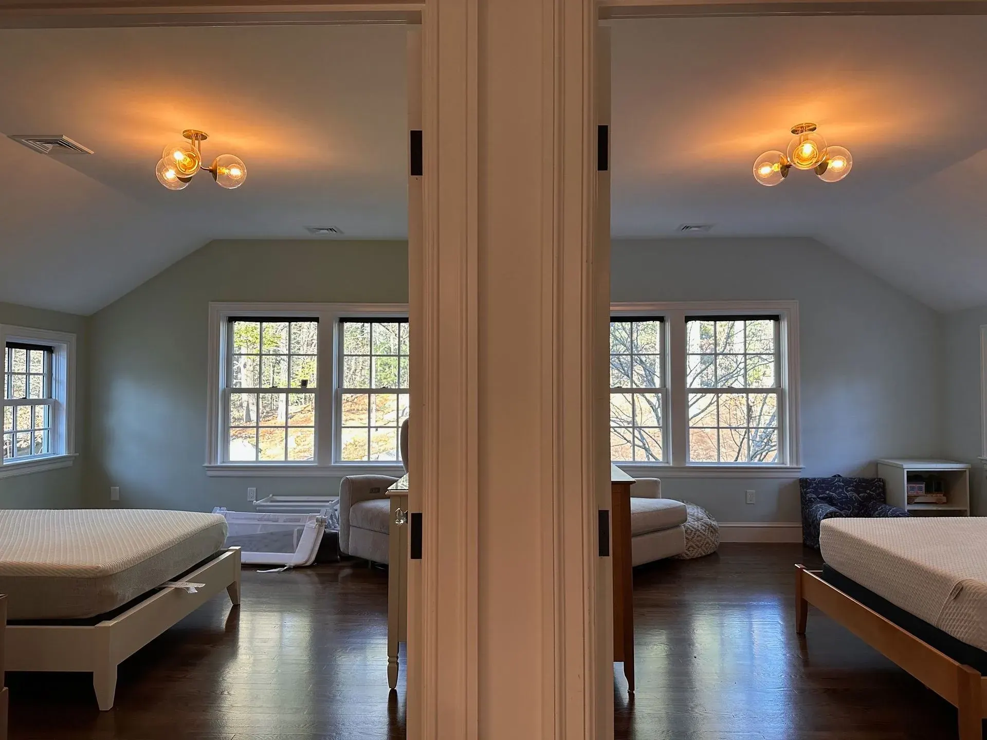 Bedroom with brass flush-mount ceiling lights