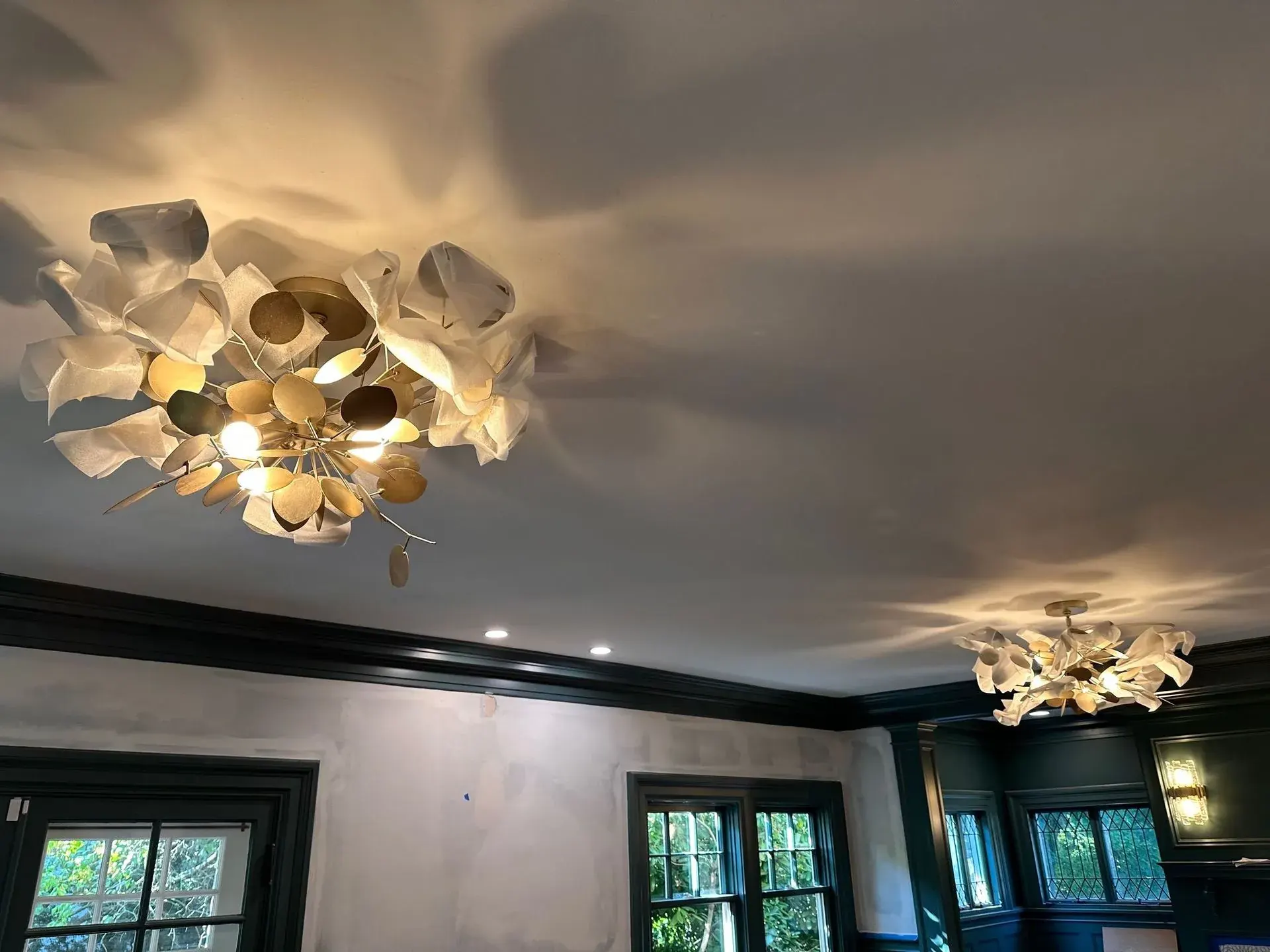 Room with sculptural petal ceiling fixtures and dark trim